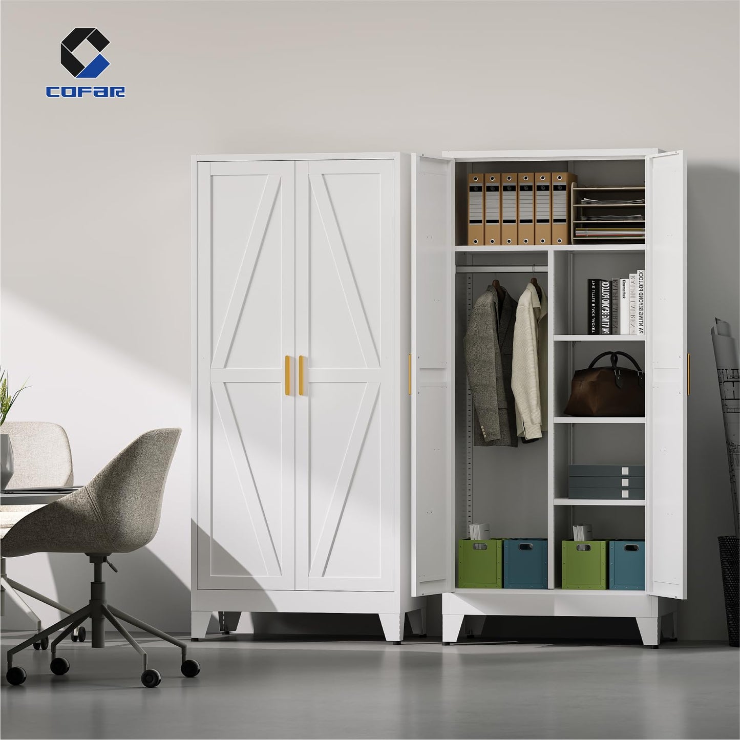 COFaR Metal Wardrobe Closet with Doors, 71'' Tall Steel Bedroom Armoire with Adjustable Hanging Rod and Shelves, Broom Closet Storage Cabinet for Garage Laundry Office, Farmhouse White