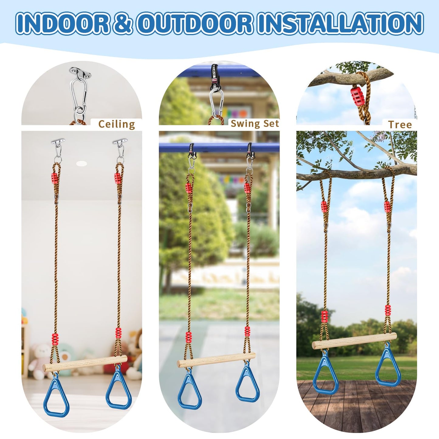 LadyRosian Wooden Trapeze Swing Bar, Adjustable Height Swing Set, Gym Rings, Playground Attachments, 16.5" Monkey Bar for Backyard, Playground, Playroom (Blue)