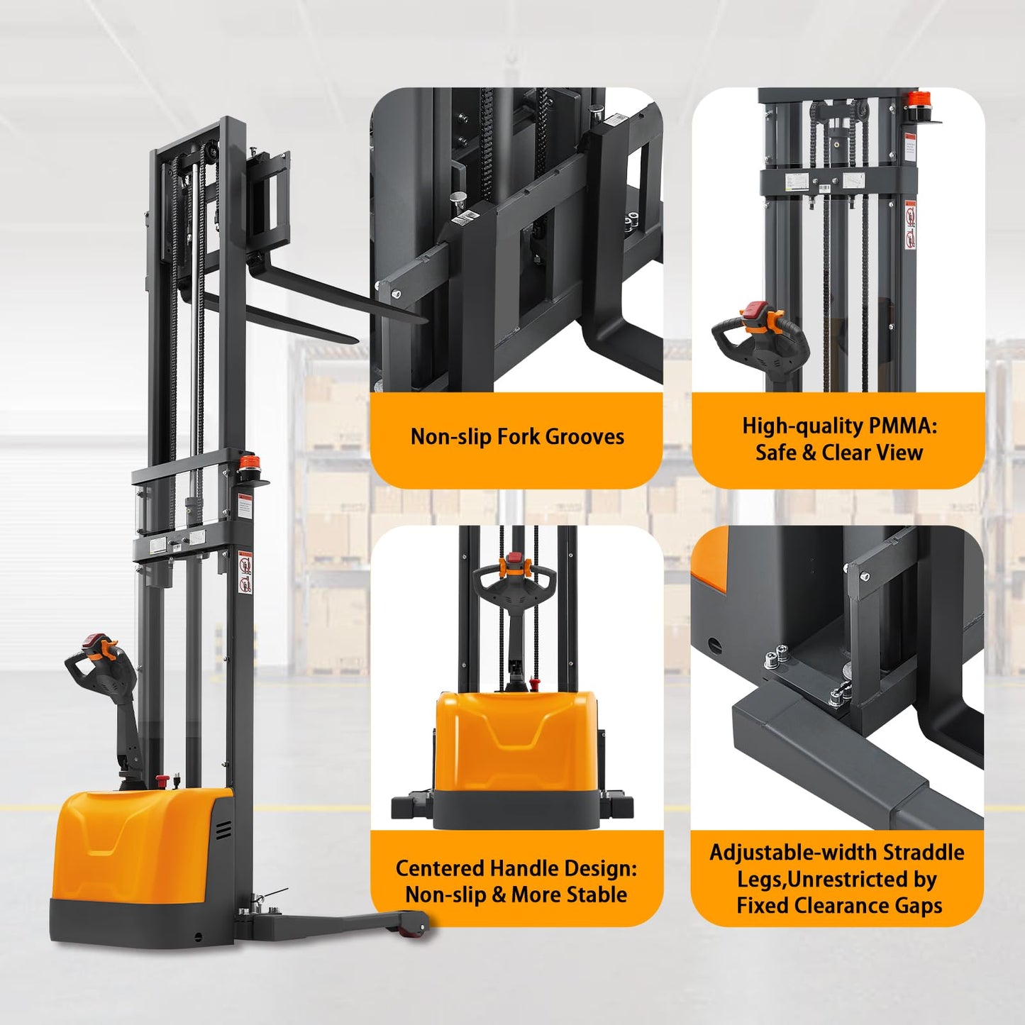 APOLLOLIFT Full Electric Stacker, 3300 lbs Capacity 118" Lift Height Powered Walkie Forklift Stackers with Straddle Legs, Power Drive and Lift Material Lift with Adjustable Forks