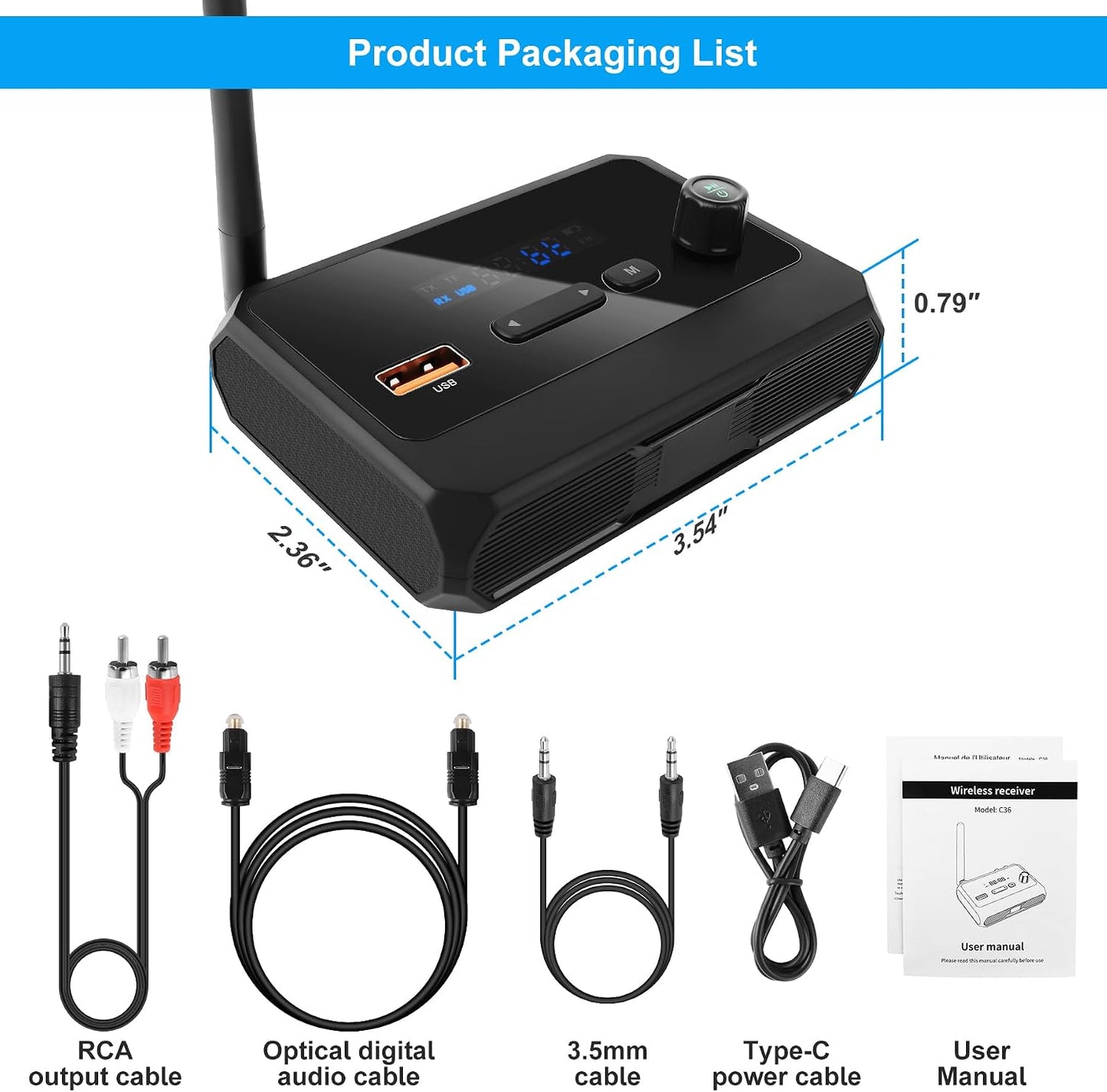FancyWhoop 5.3 3.5mm Bluetooth Receiver for Home Stereo, RCA Bluetooth Adapter, Optical AUX Low Latency HD Music Audio