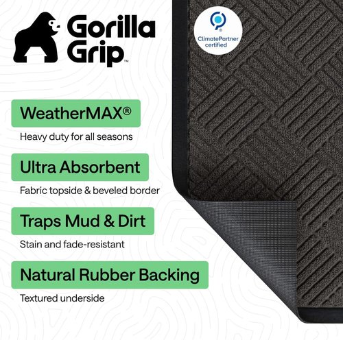 GORILLA GRIP 100% Waterproof Doormat - All-Season WeatherMAX, Stain & Fade Resistant, 29x17 Gray Diamond
