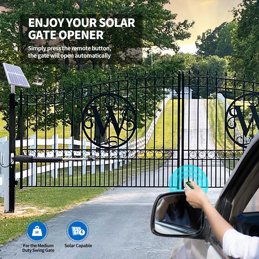 TOPENS AD5S Automatic Gate Opener Kit Medium Duty Solar Dual Gate Operator for Dual Swing Gates Up to 16 Feet or Max 550 Pounds Gate Motor Solar Panel