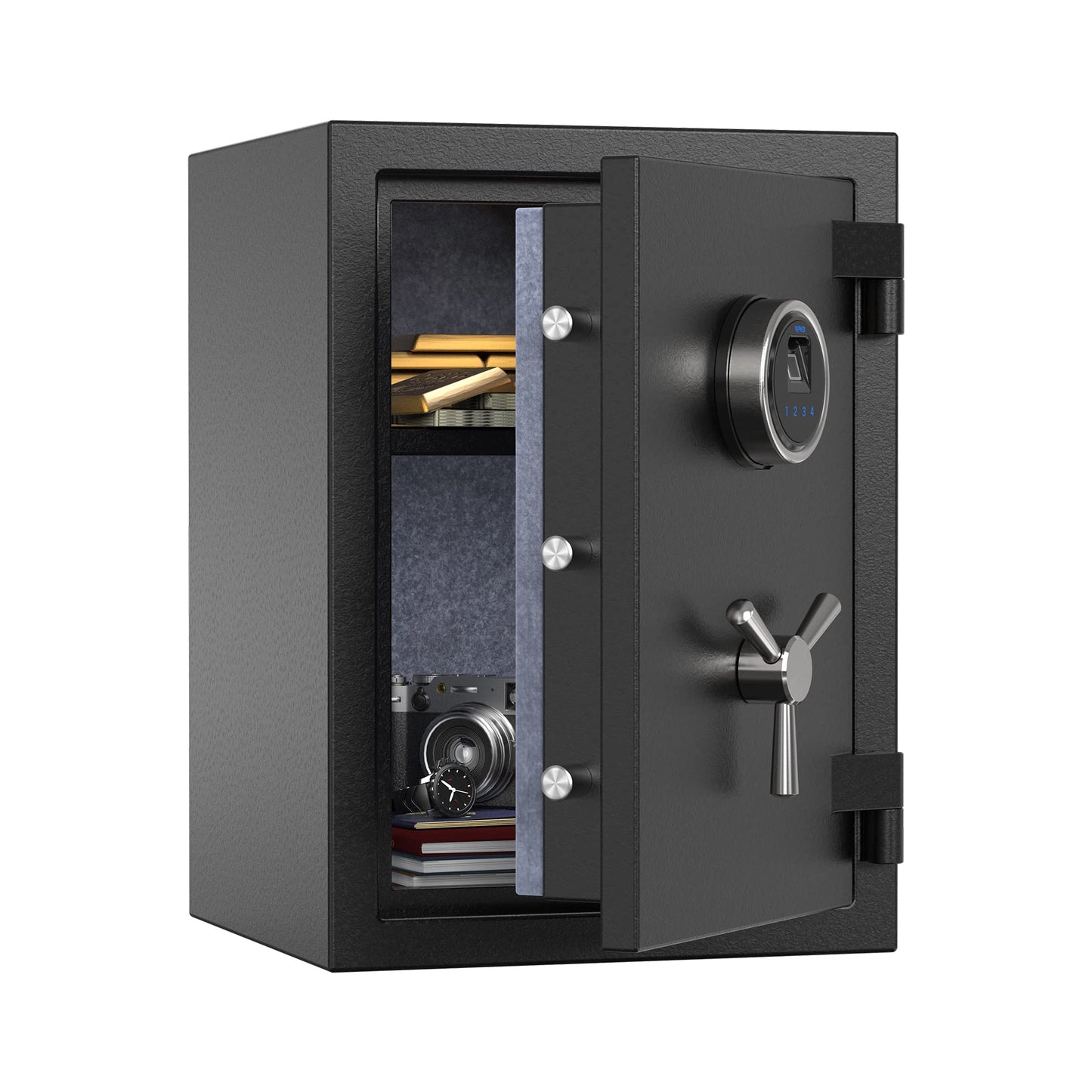 RPNB Deluxe Biometric Fireproof Safe Box,Digital Fingerprint Fireproof Waterproof Safe with Touch Screen,Removable Shelf and 3 Spoke Handle,Home Safes for Cash Documents Jewelry,1.29 Cubic Feet