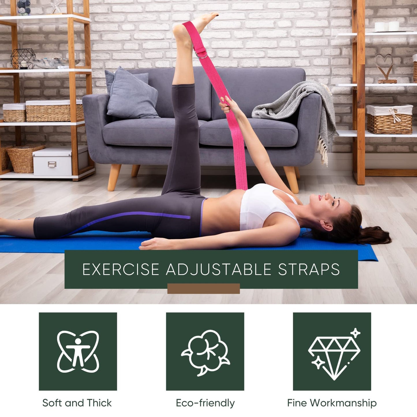 10 Pcs Yoga Strap 8ft Yoga Stretching Exercise Band Stretching Belt with Adjustable Metal D Ring Buckle Loop for Pilates, Dance, Physical Therapy, Gym Workout