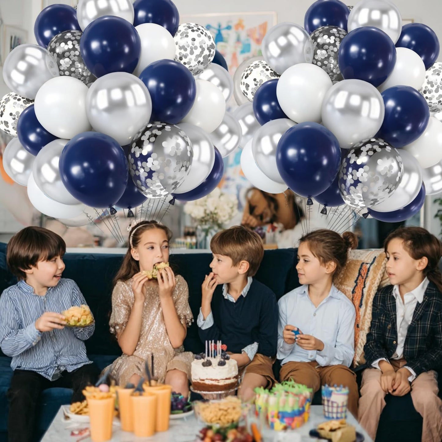 Zesliwy Navy Blue Silver Balloons Kit,50pcs 12inch Royal Dark Blue Metallic Silver White Balloon with Confetti Latex Balloon for Wedding Graduation Birthday Anniversary Party Decorations