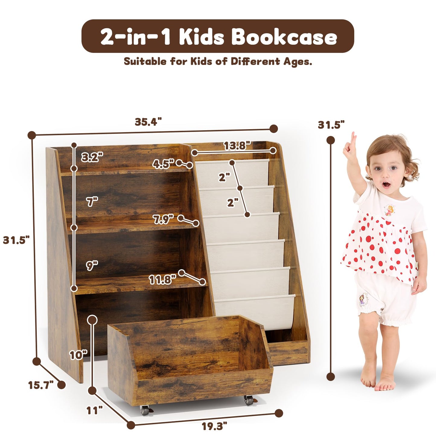 COZPAW Kids Bookshelf and Toy Storage, 4 Tier Toddler Bookshelf with Movable Drawer (Brown)