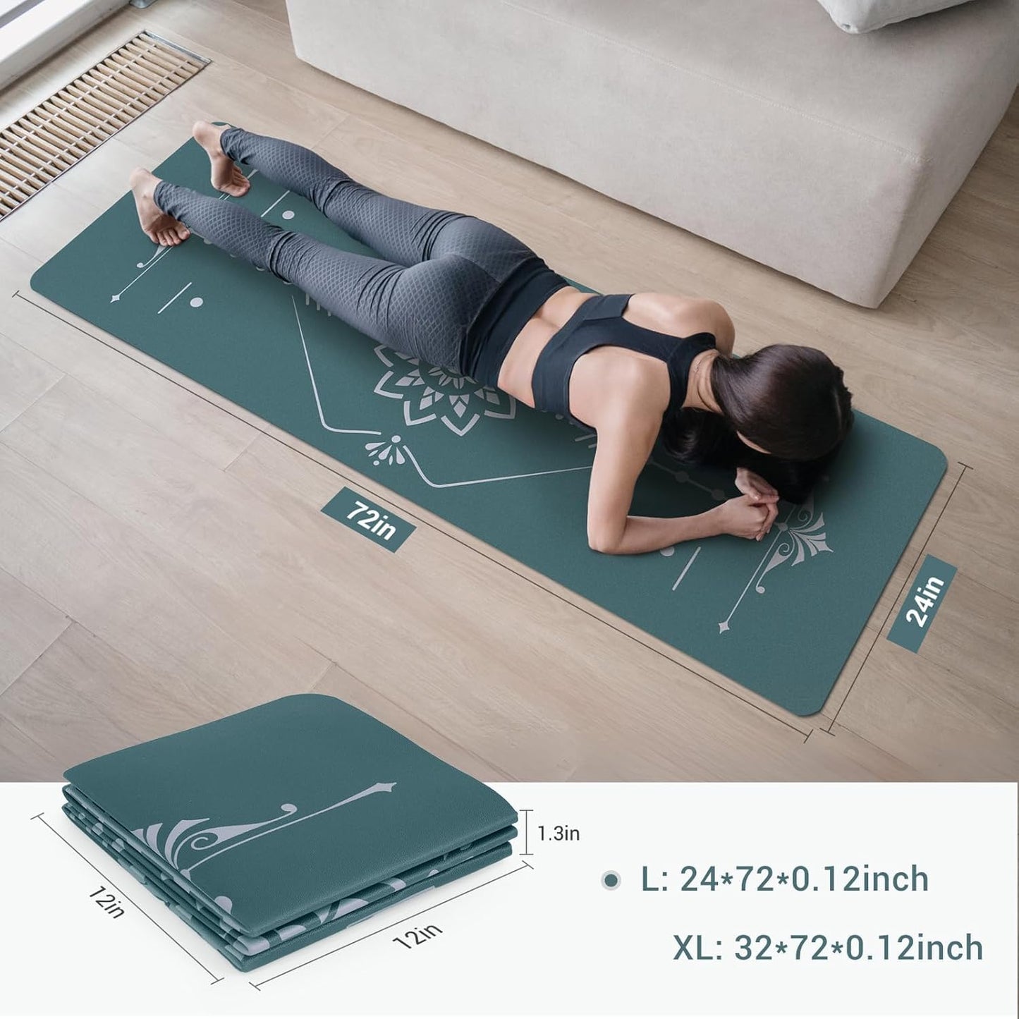 Avoalre Yoga Mat Foldable - Textured Non Slip Exercise Mat -Travel Lightweight Hot Yoga Mat with Carry Bag for Pilates & Home Workouts (72"L x 24"W x 3mm Thick), Green