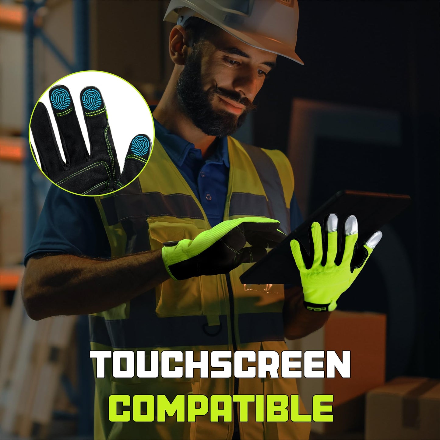 HANDLANDY Mens Hi-vis Reflective Safety Work Gloves Touch screen, Pack of 10 Pairs Synthetic Leather Padded Utility Gloves