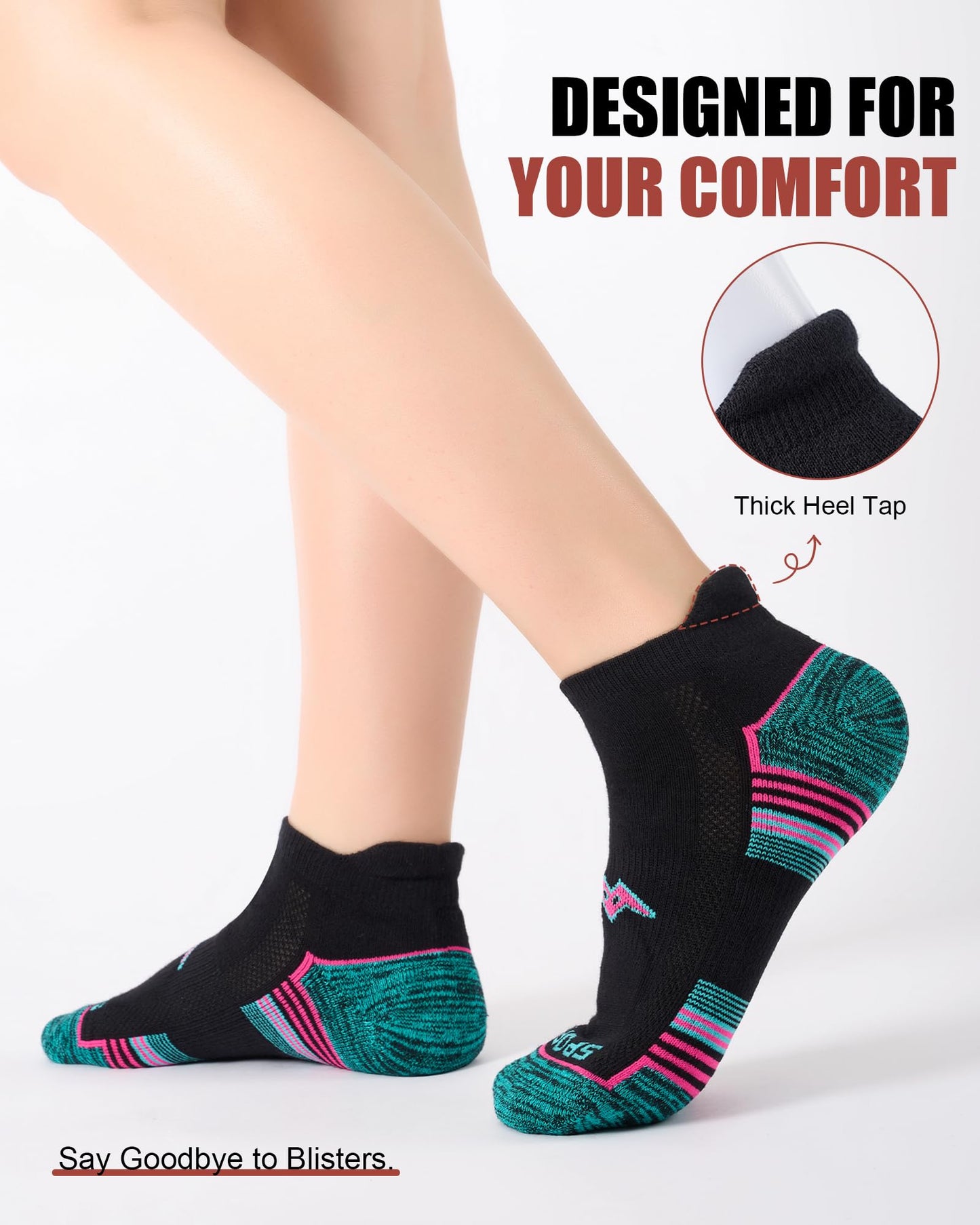 SukModen Women's Performance Athletic Socks 6/12 Pairs, Cotton Ankle Socks with Heel Tab & Cushioned Sole for Running, Gym, Fitness, Multi-Color on Black, 6 Pairs, S