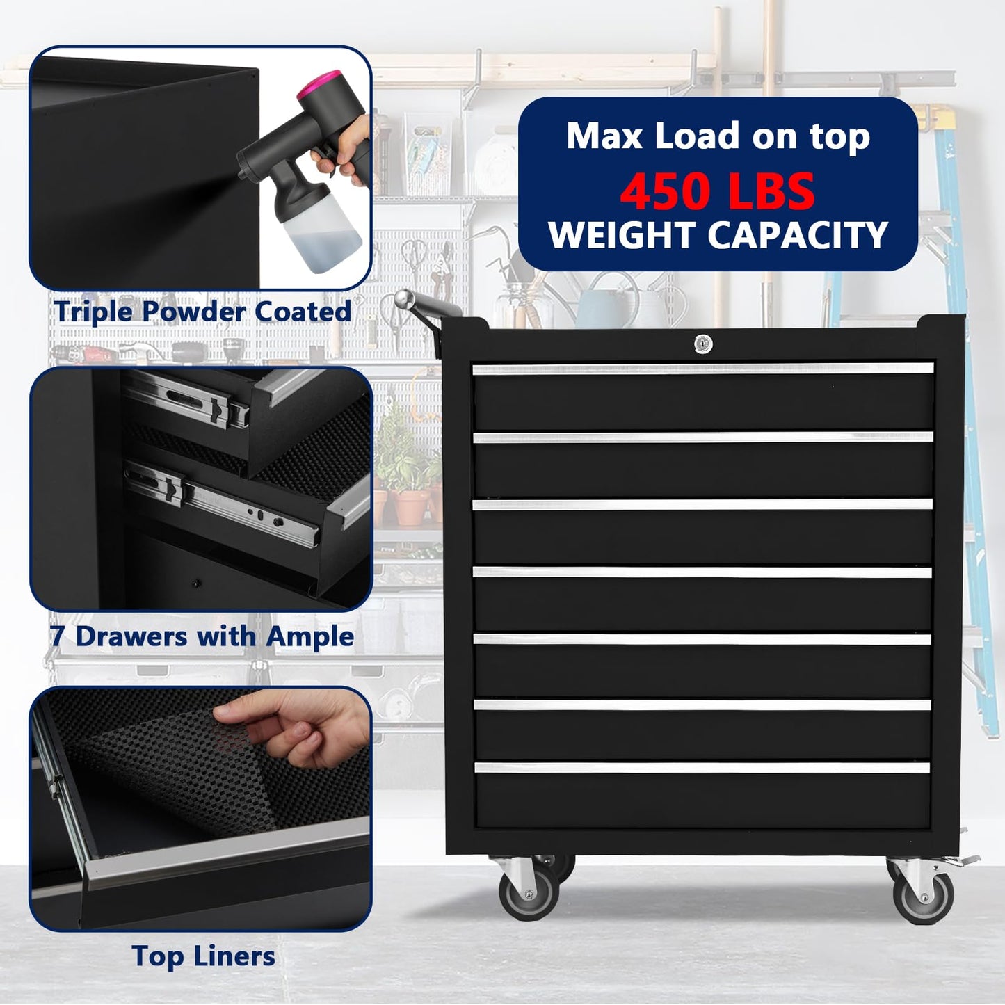 GarveeLife 24-Inch Rolling Tool Chest, 7-Drawer Mobile Tool Cabinet with Locking System, Heavy-Duty Rolling Tool Storage for Garage, Workshop, and Home DIY Projects