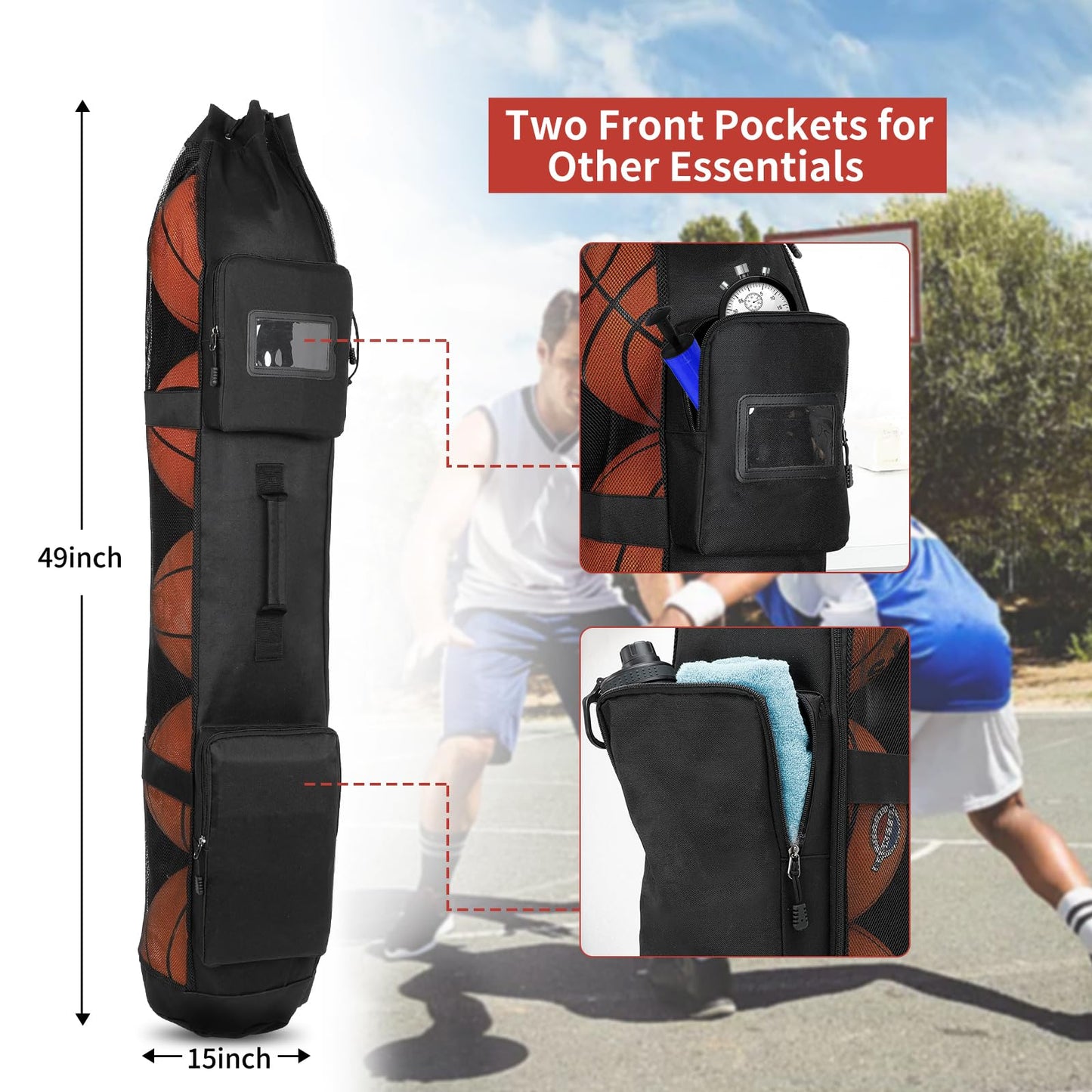 Skureay Basketball Bag for Team Balls, Heavy Duty Basketball Coashes Bag for 5 Basket Balls - Mesh Bags for Coaching/Adjustable Shoulder Straps/Volleyball Accessories