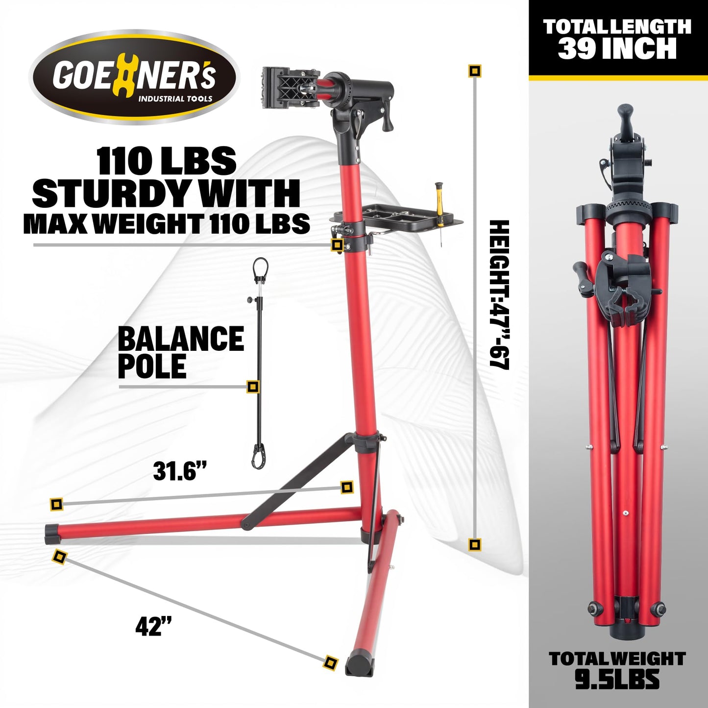 GOEHNER's Upgrade 2.0 Bike Repair Stand (Max 110 lbs) – Portable Aluminum Bicycle Workstand for Electric, Mountain, and Road Bikes