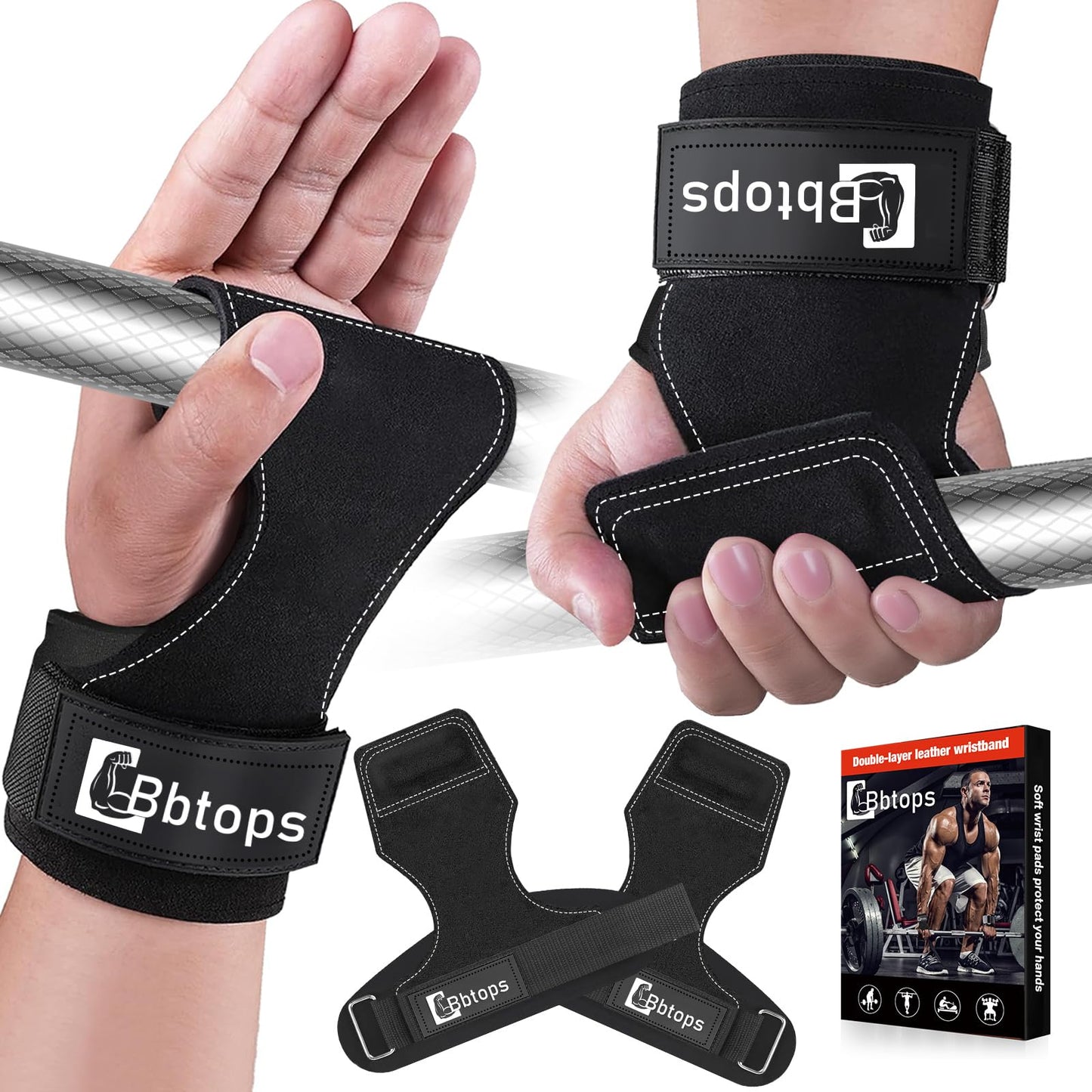 Weight Lifting Wrist Strap, Double-Layer Leather Wrist Straps for Gym Strength Training Weightlifting,Deadlift and Powerlifting, Enhance Grip Strength Neoprene Padding Gym Workout Lifting Straps Pair Black