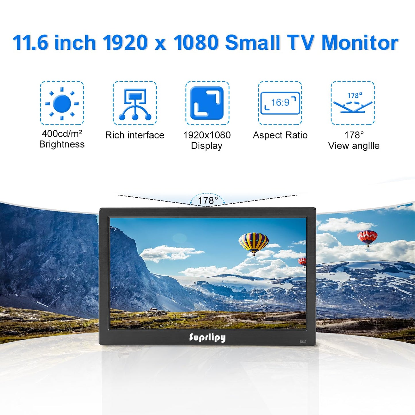 Suprlipy 12 inch FHD Small IPS Monitor LCD Display Screen 1920x1080 60Hz 16:9 with BNC VGA AV Input Built-in Lounspeakers for CCTV Security Camera DVR PC RasPi