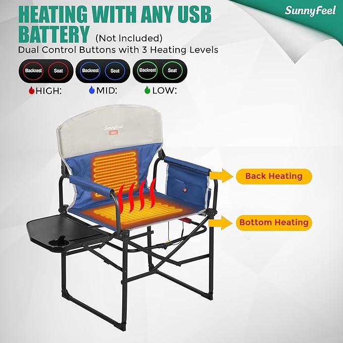 SUNNYFEEL Heated Camping Directors Chair, Portable Folding Lawn Chairs for Adults Heavy Duty with Side Table,Pocket for Beach, Fishing,Picnic,Concert Outdoor, Foldable Camp Chairs
