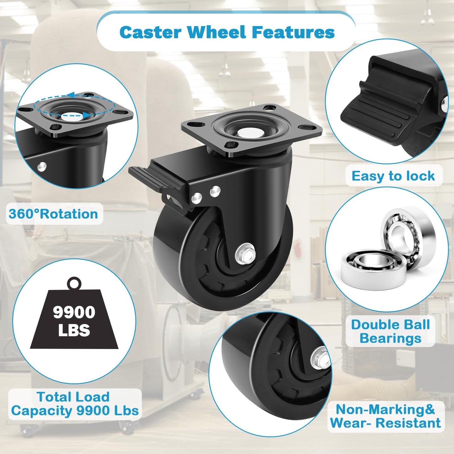 Nefish 5 Inch Heavy Duty Casters Set of 4, Industrial Grade Casters 9900 lbs, Low Gravity Plate Swivel Caster with Brake, Durable & Corrosion-Resistant Nylon Wheels for Industrial, Equipment, Machine