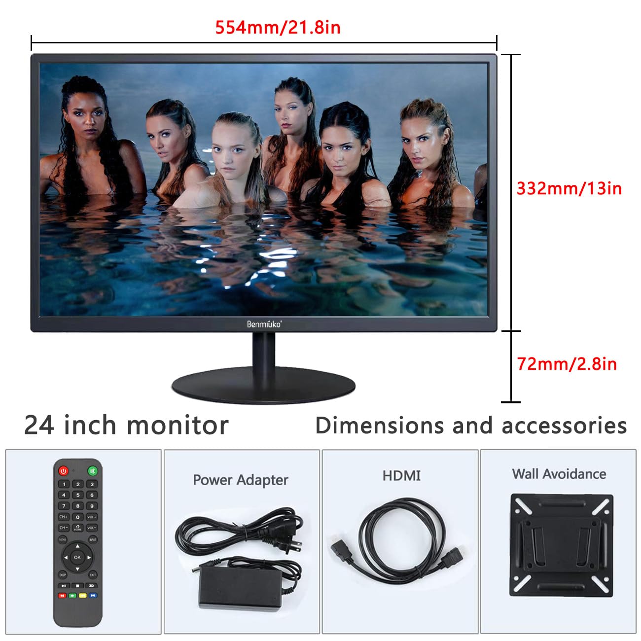 Benmiuko 24 inch Monitoring Display Screen Security Camera Monitor LCD Multi Functional Interface HDMI, BNC, VGA, AV, USB Input CCTV Computer Monitors Built in Speaker 1920x1080 Full HD