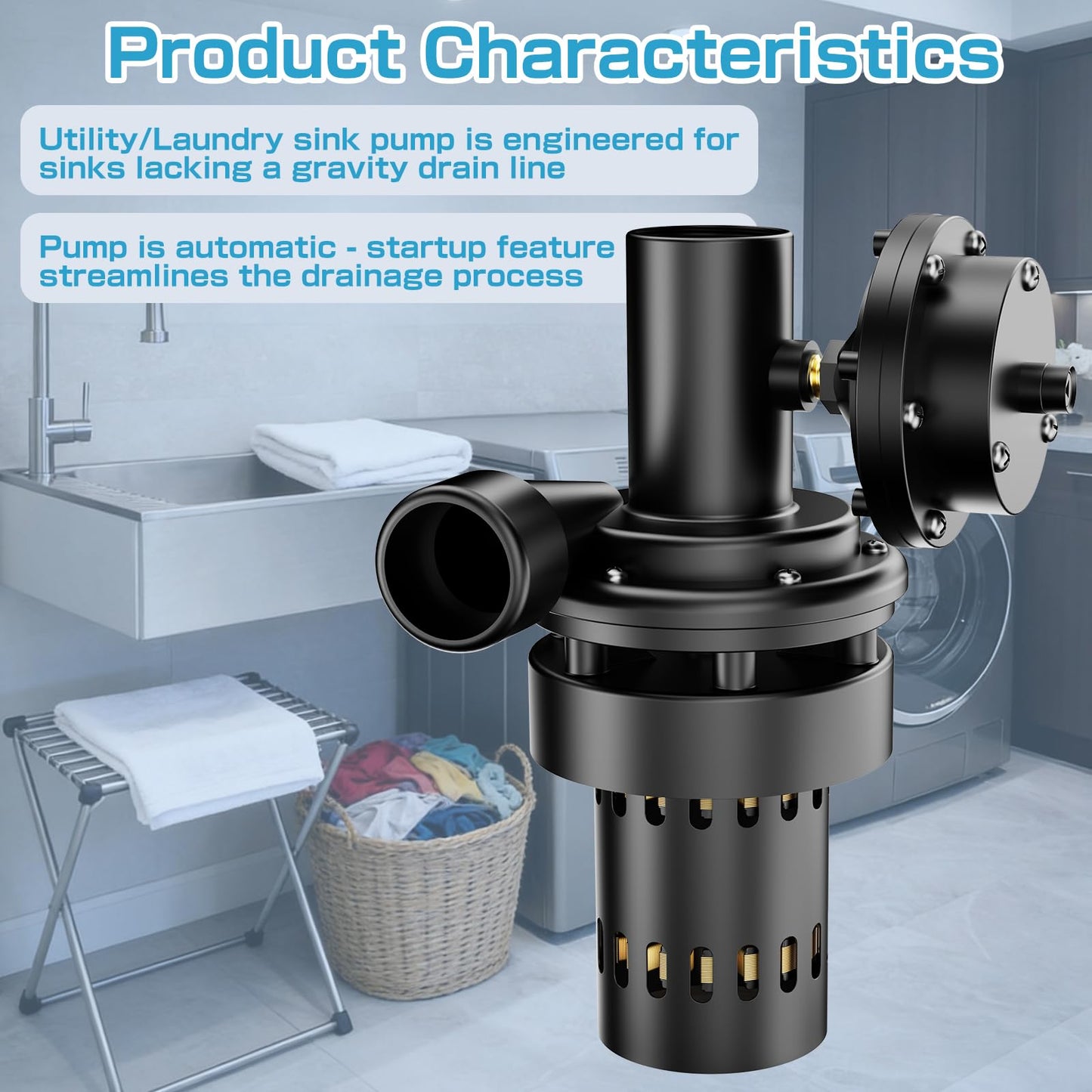 Automatic Utility Sink Pump, Under-Sink Mounted for Gravity‑Free Drainage, 115V 1/3 HP with Drain Screen, Check Valve & Ball Valve for Basement, Laundry, Wet Bars, Kitchens