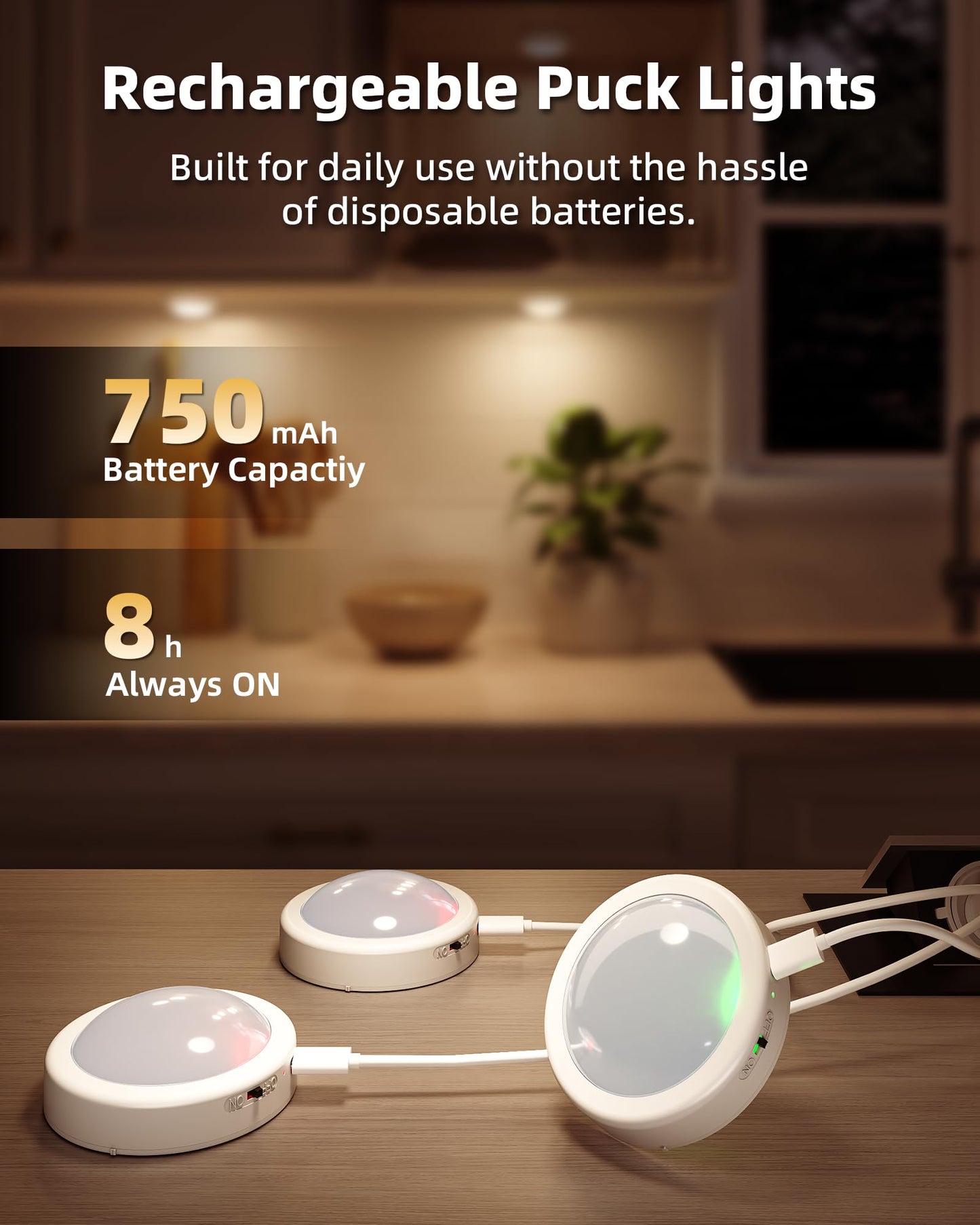 EZVALO 6-Pack Rechargeable Puck Lights with Remote, Under Cabinet Lighting, 2.95'' Mini Tap Lights, Closet Light, 16 RGB Colors & 3 Color Temperatures, Dimmable Stick-On Lights for Kitchen, Shelf