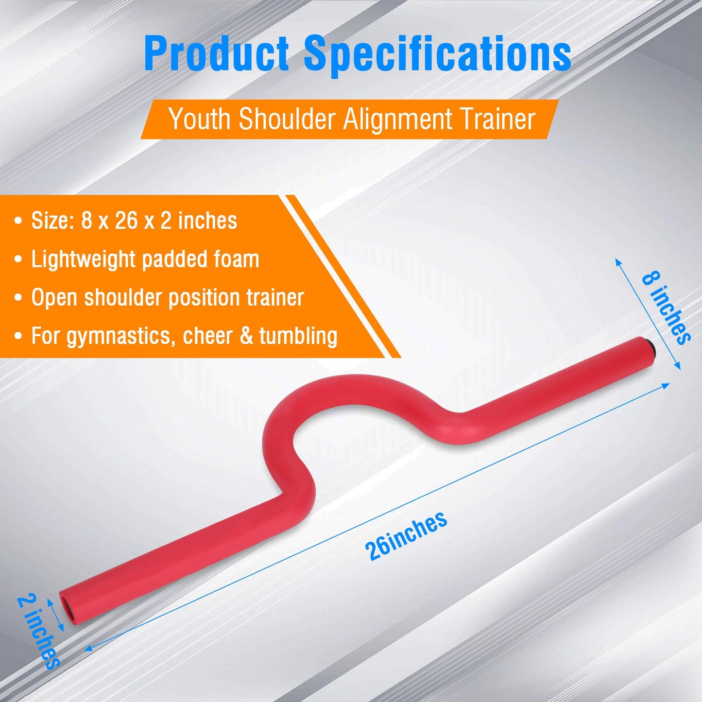 Gymnastics Open Shoulder Trainer for Kids & Teens, Open Shoulder Trainer Model OST-826, 8 x 26 x 2 in Padded Shoulder Alignment Training Aid for Tumbling, Cheerleading, Handstands & Bar Skills，Red