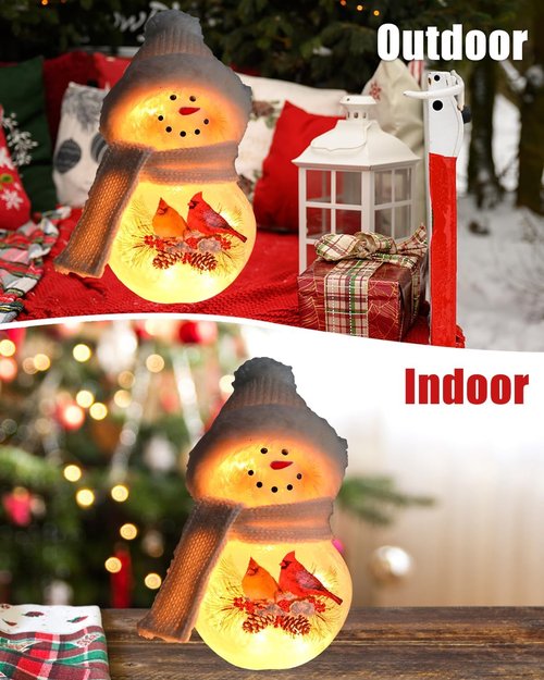 Bdor 8-Inch Snowman Christmas Decoration - Glass Figurine with Cardinal Couple & Warm Glow for Holiday Décor
