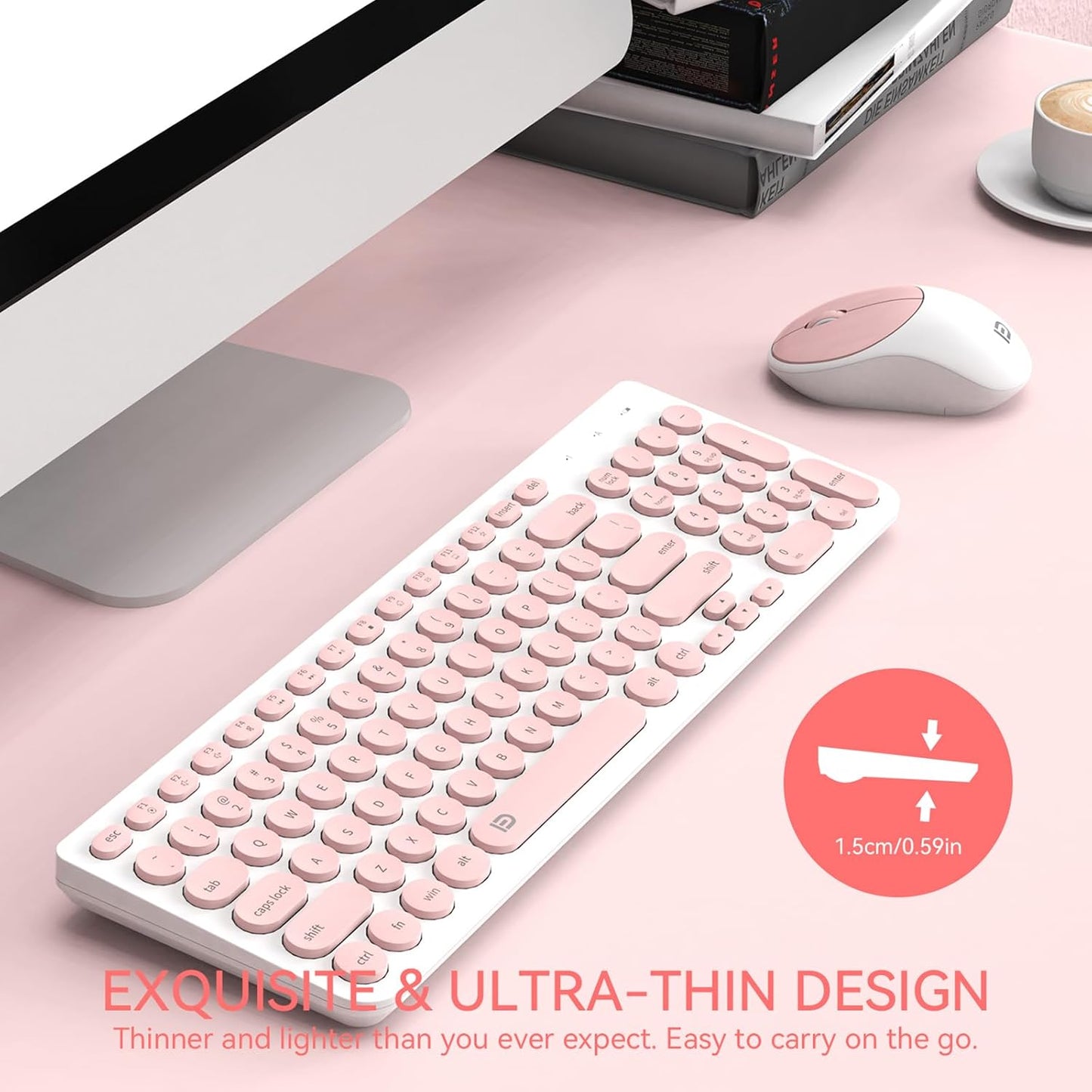 FD iK6630 2.4GHz Set Wireless Keyboard and Mouse Combo - USB Cordless, Cute Round Keys, Quiet and Slim for Laptop