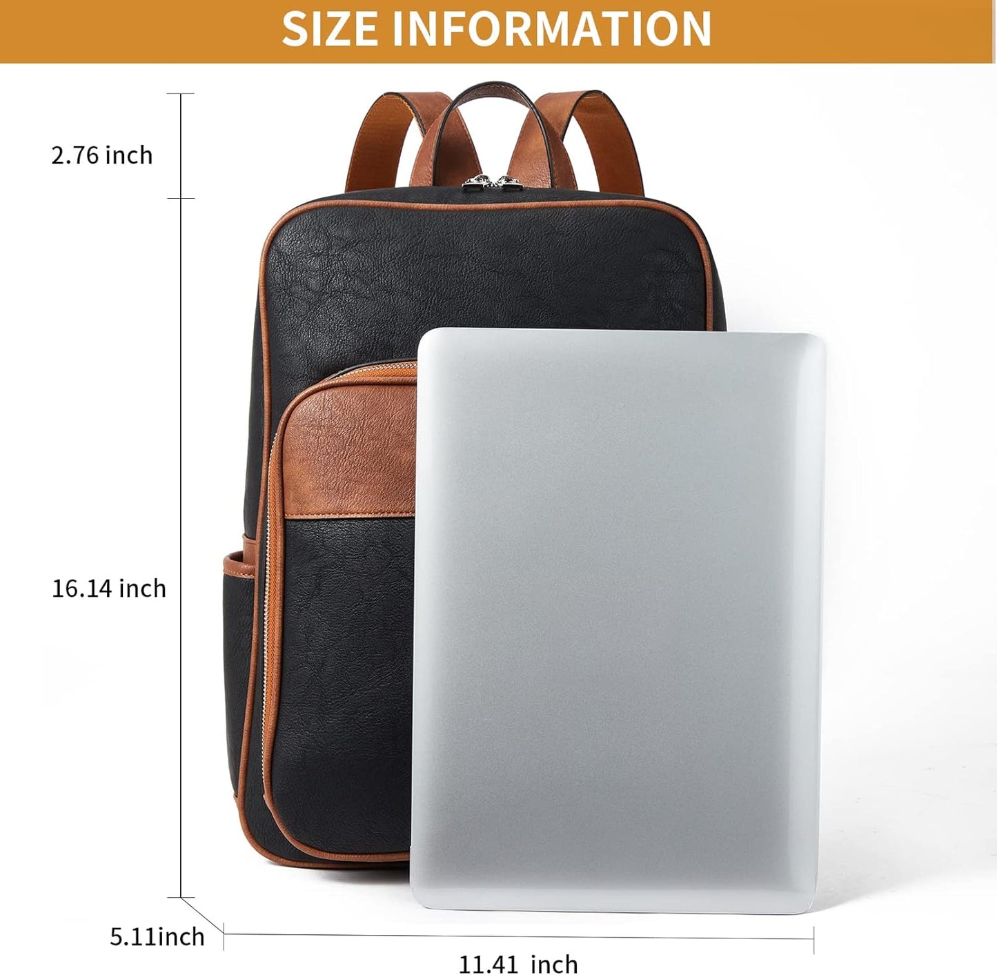 Backpack Telena Leather Laptop for Women Business Casual College Bags Black-Brown