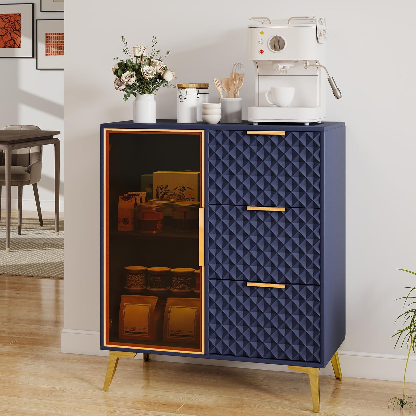 Rovibek Modern Sideboard Cabinet with Storage, Small Kitchen Buffet Cabinet with Glass Door & 3 Drawers, 31" Accent Sideboard Buffet for Kitchen, Living Room, Blue