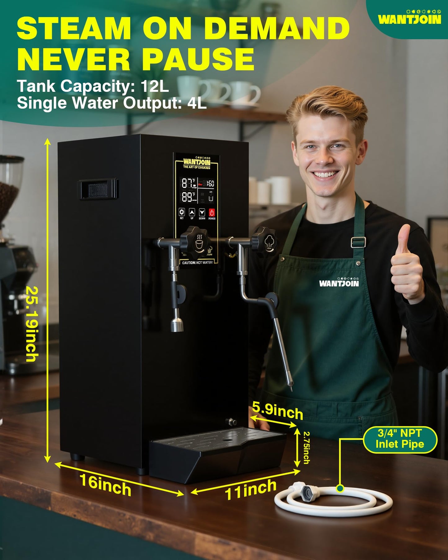 WantJoin Commercial Milk Frother & Beverage Heater - 1800W Multi-functional Milk Steamer Machine with LED Display Panel for Latte, Cappuccino, Coffee, Milk Tea Foam, Hot Water Dispenser - Hotel & Home