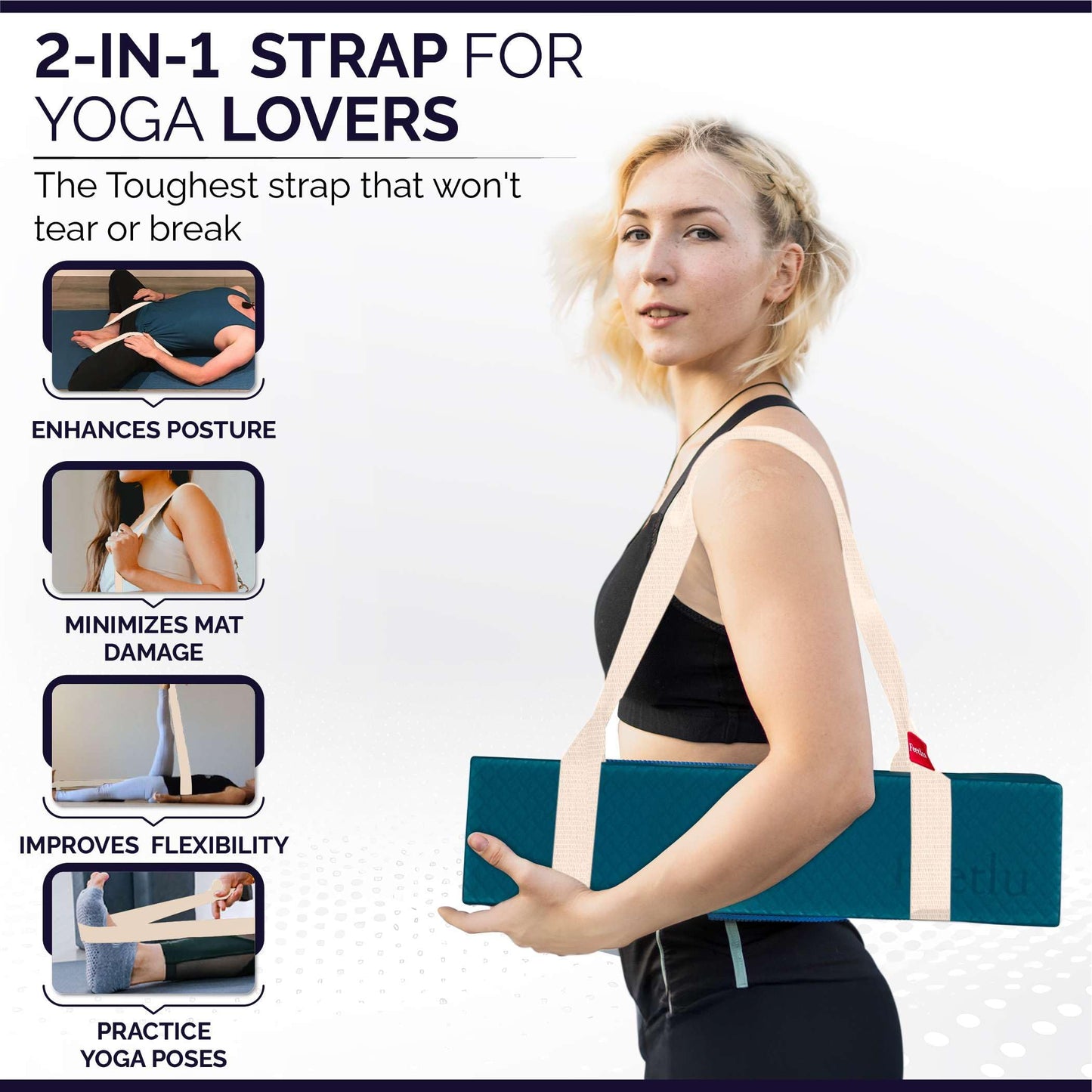 Feetlu Yoga Mat Strap – 2-in-1 Adjustable Cotton Sling for Carrying & Stretching | Non-Slip, Durable & Versatile for Yoga, Pilates, Fitness & Home Workouts
