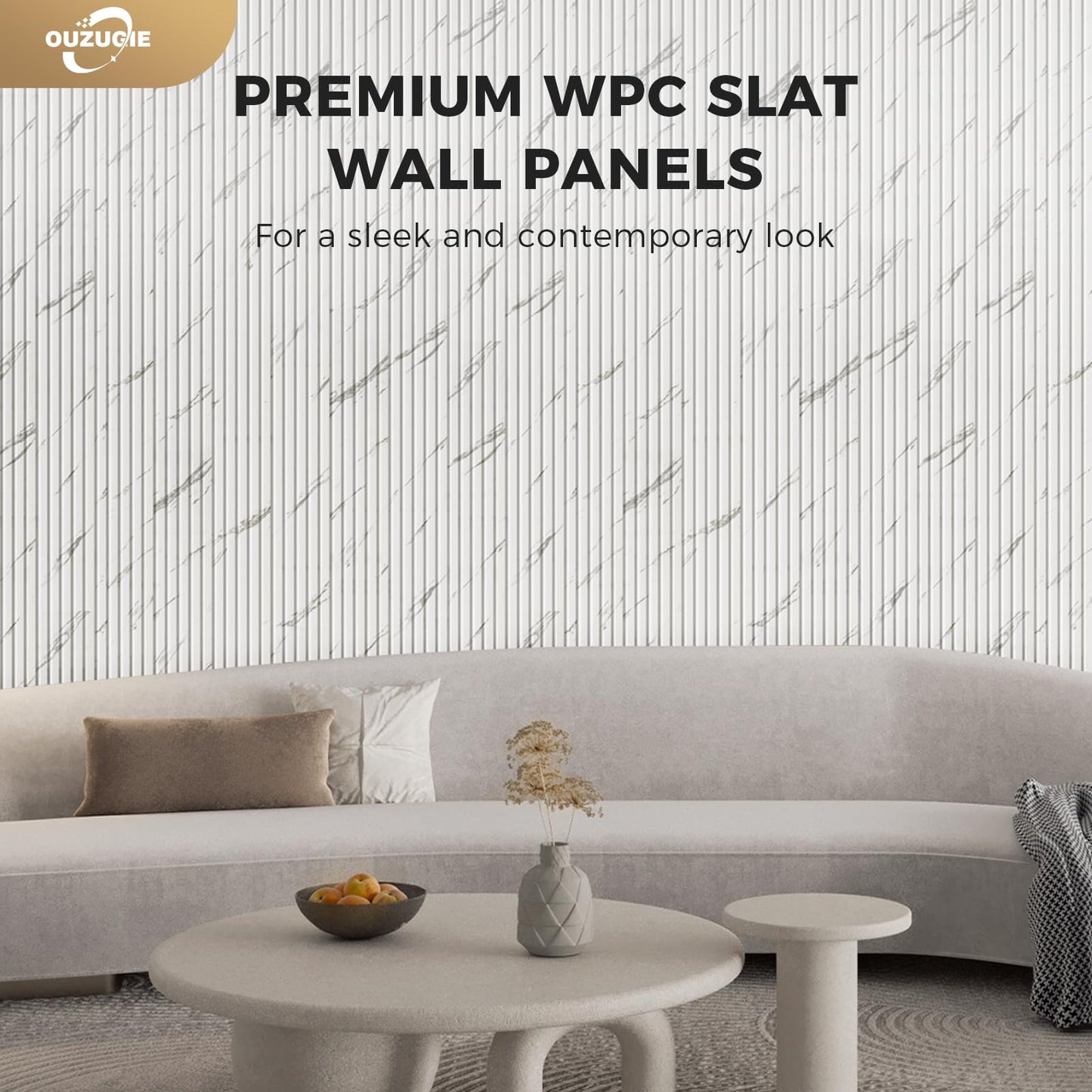 OUZUGIE WPC Acoustic Slat Wall Paneling, 8-Pack 114 x 6 Inches 3D Wall Panels for Interior Wall Decor,Living Room,TV Background,Study Room,Office Spaces,Bedroom,Low Grille (White)