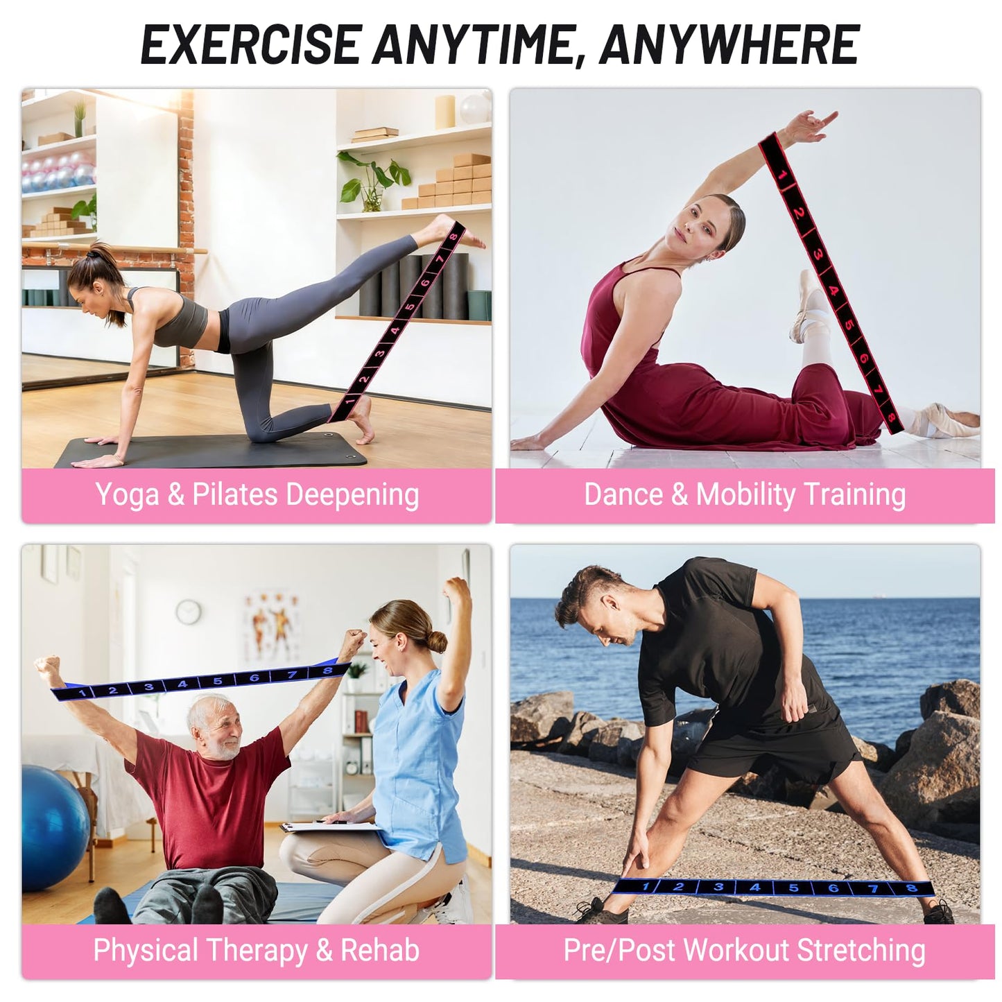 Fitness Resistance Band for Stretching and Yoga,Number Stretch Resistance Band,8-Section Elastic Stretching Strap with Clear Markings For Exercise,Physical Therapy,Full Body Stretching,Pilates-3PCS