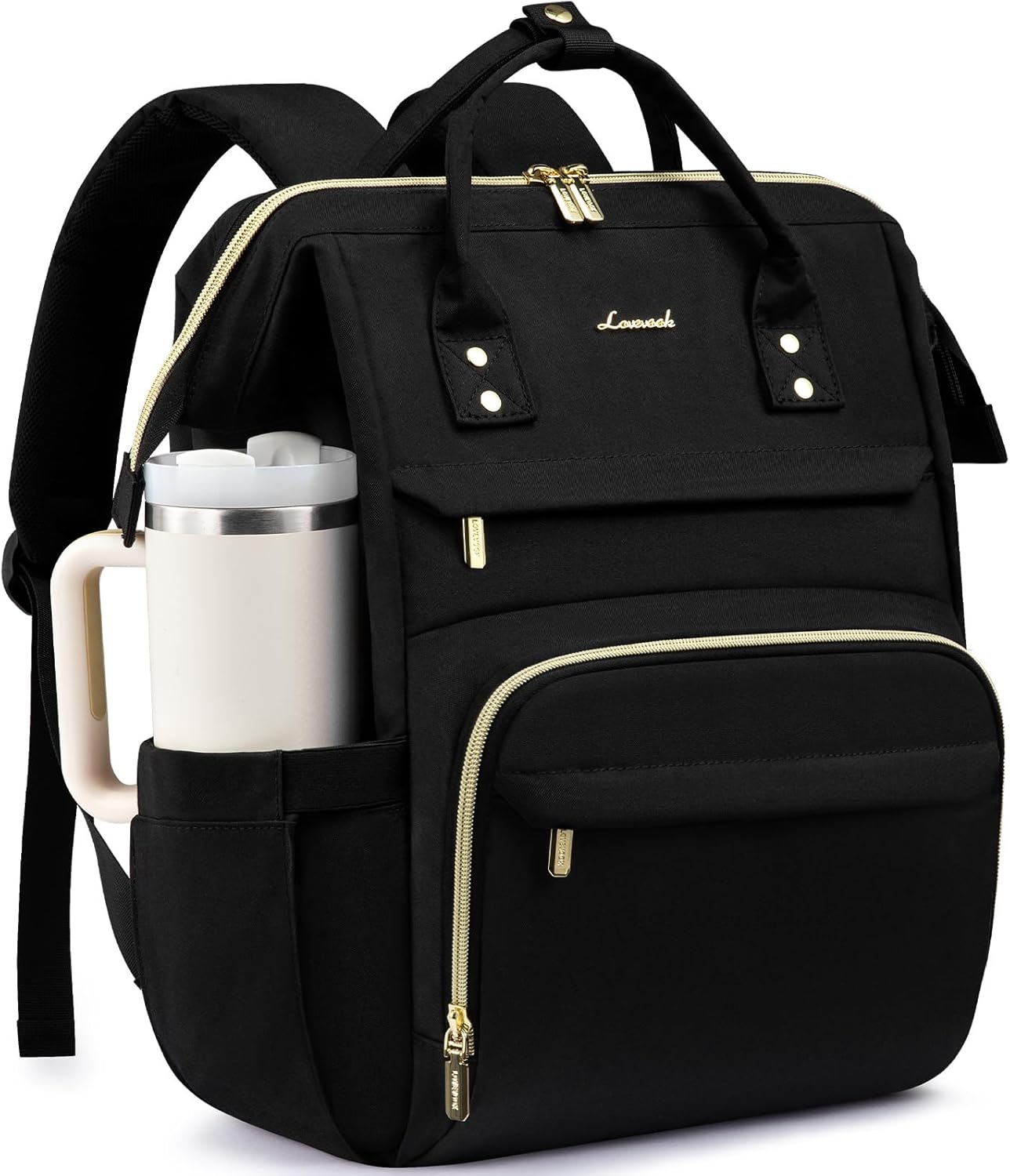 Backpack Pocket,17 inch Backpack Backpack Daypack,Black LOVEVOOK Laptop for Women with Giant Tumbler Holder Waterproof