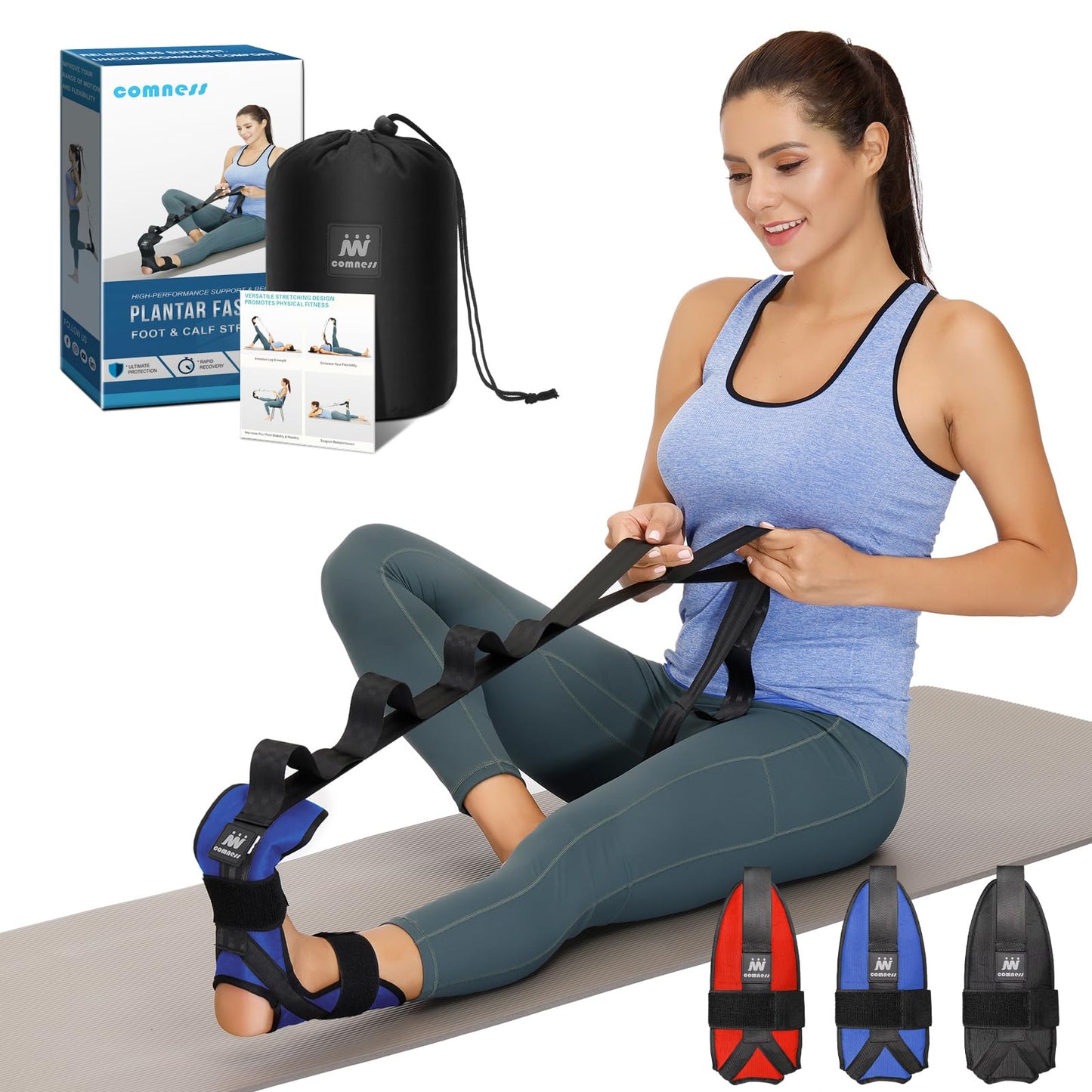 comness Foot and Calf Stretcher Stretching Strap For Plantar Fasciitis, Heel Spurs, Foot Drop, Achilles Tendonitis & Hamstring. Yoga & Leg Stretch Strap. (Blue)