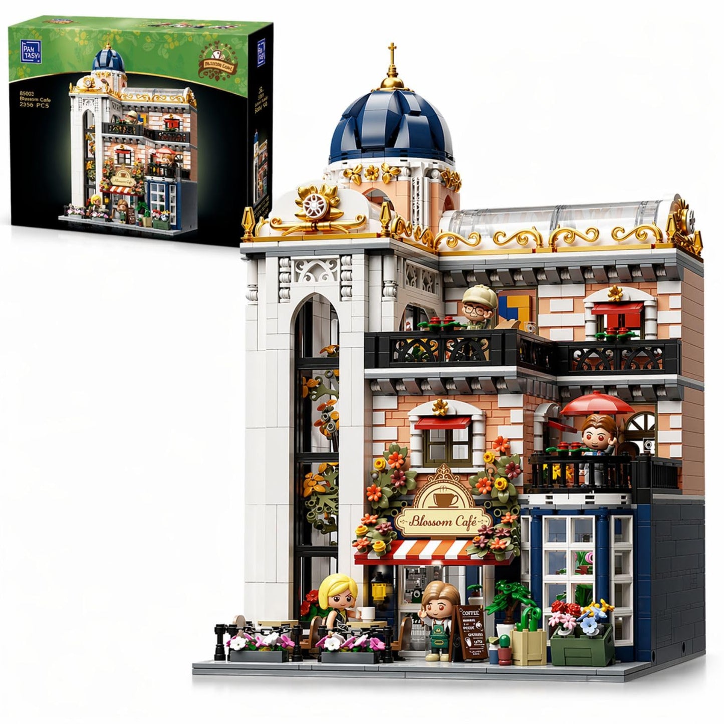 PANTASY Blossom Café Modular Building Set, 3-Story European Glasshouse Landmark with Café, Art Gallery & Floral Atrium, Openable Glass Door Design, Collectible Architecture Model Kit for Adults