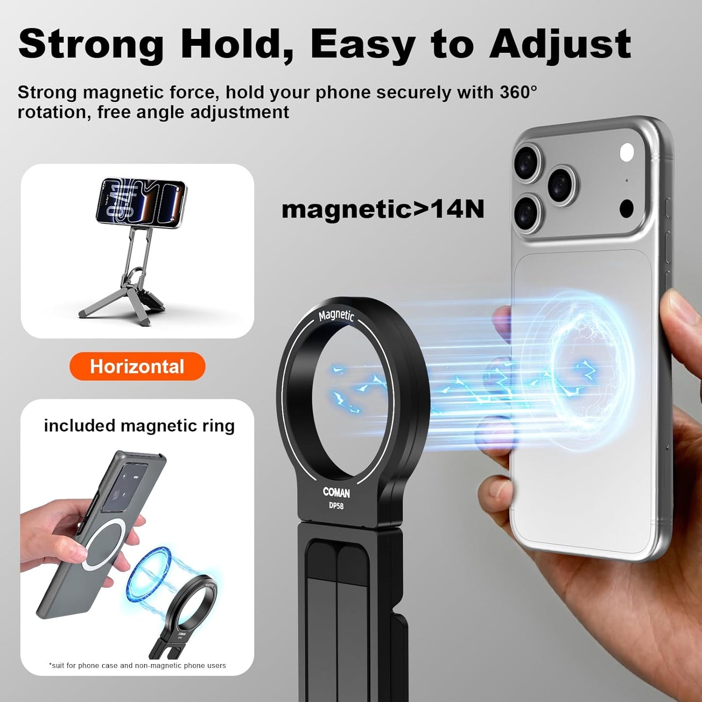COMAN DP58 Magnetic Phone Tripod, Aluminum MagSafe Tripod Stand with Carabiner, Mini Portable Travel Pocket Tripods