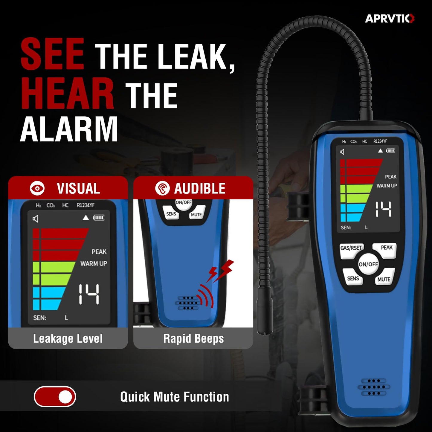 Refrigerant Leak Detector, Aprvtio ALD-200 3-in-1 Freon Leak Detector Tester A3 A2L A1 Refrigerants Compatible, Rechargeable, Multipule Alarm, Heated Diode Sensor for HVAC R32 R454B R410A R134A R290