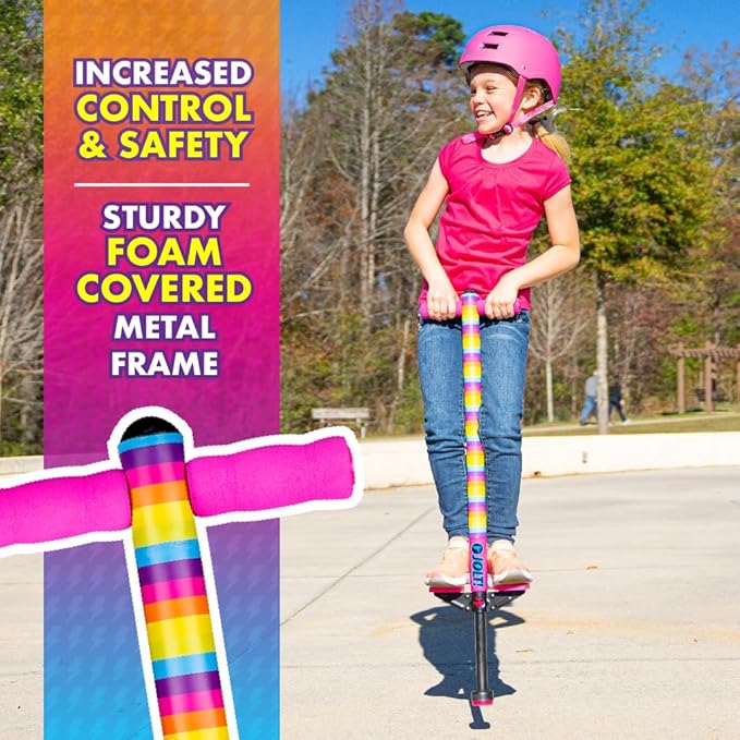 Flybar Pogo Stick for Kids, 40 to 80 Pounds, Perfect for Beginners, Easy Grip Foam Handles, Anti-Slip Foot Pegs, Outdoor Toys for Boys, Jumper Toys for Girls, Outside Toys for Kids (Jolt, Rainbow)
