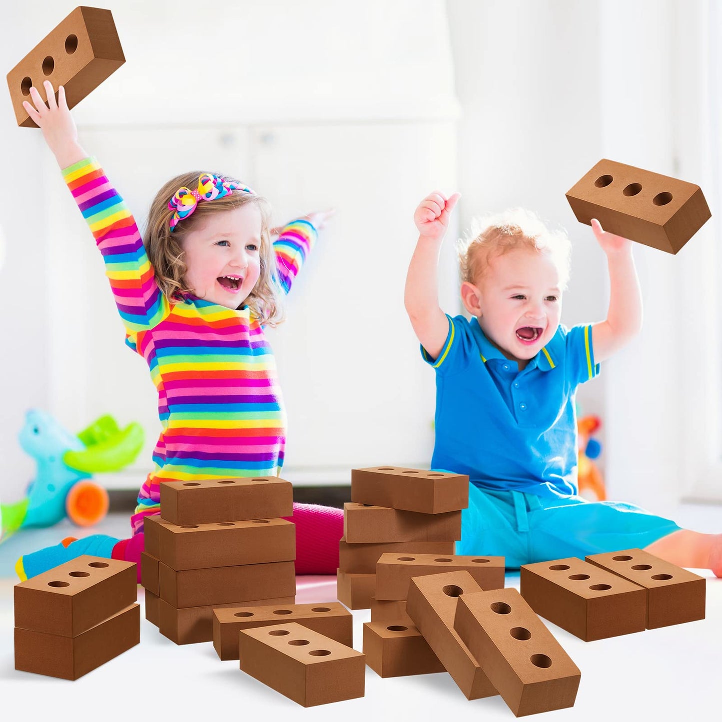 Deekin Foam Brick Building Blocks for Kids Thick Blocks Foam Large Fake Brick Construction Toy for Stacking Construction Gifts, 8 x 4 x 2.4 in(80 Pcs,Circle Holes)