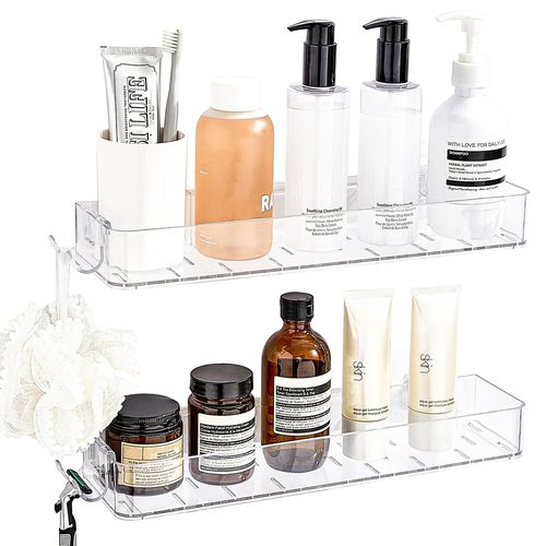 CQUNM 2 Pack Acrylic Shower Shelves, Clear Bathroom Tray with Hooks, Adhesive Wall Mount Shower Caddy Organizer for Bathroom Kitchen Storage