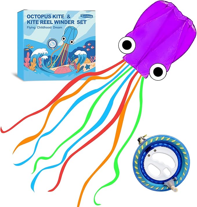 Octopus Kites for Kids & Adults Easy to Fly, 24”x 158” Large Soft Kite Kit for Boys and Girls, Single Line 3D Beach Kite Set for Teens,Perfect for Outdoor Activities