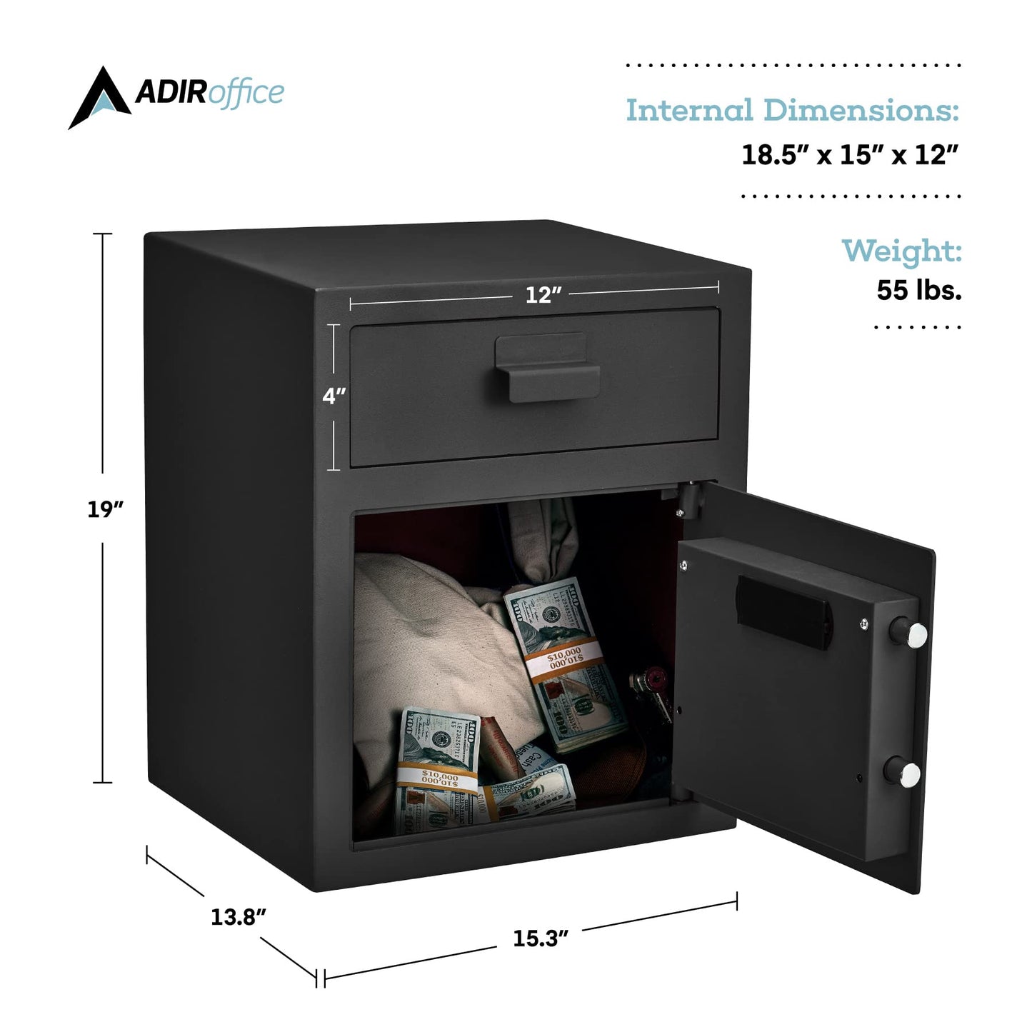 AdirOffice Digital Depository Safe - Front Loading - Digital Keypad Lock - Lockout Mode (Black)