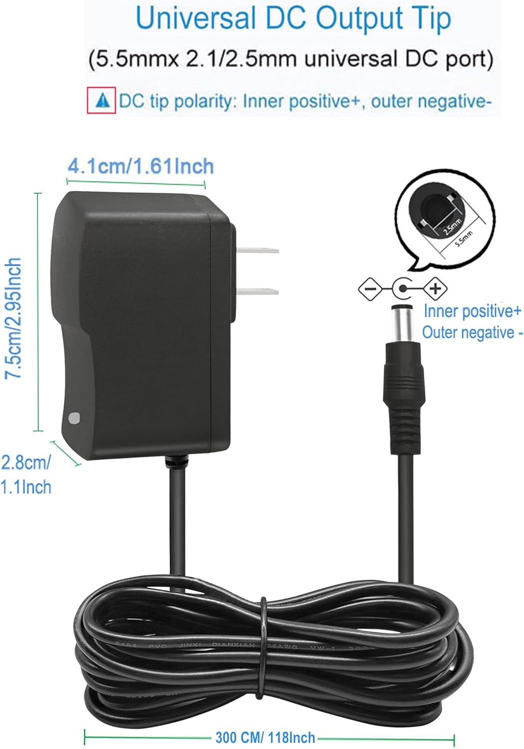 MTYTOT 5V 1A 10ft 100V-240V 5 1Amp 0.5A 8TIPS (10ft Long Power Supply Adapter AC to DC Volt Replacement Power Cord