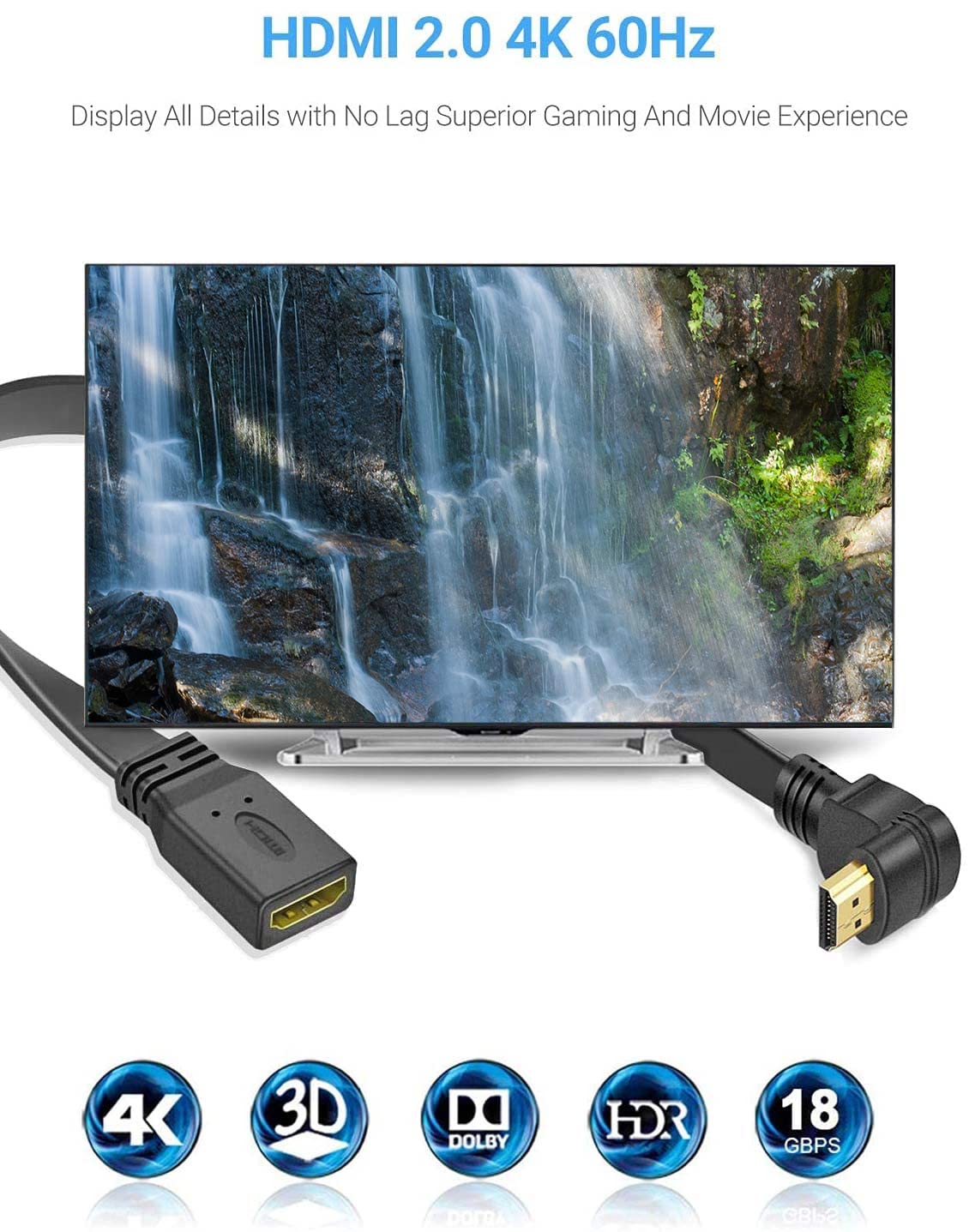 URWOOW 90-Degree (1FT) HDMI Extension Cable High Speed Down Angle Male to Female Extension Wire Cord HDMI Extender
