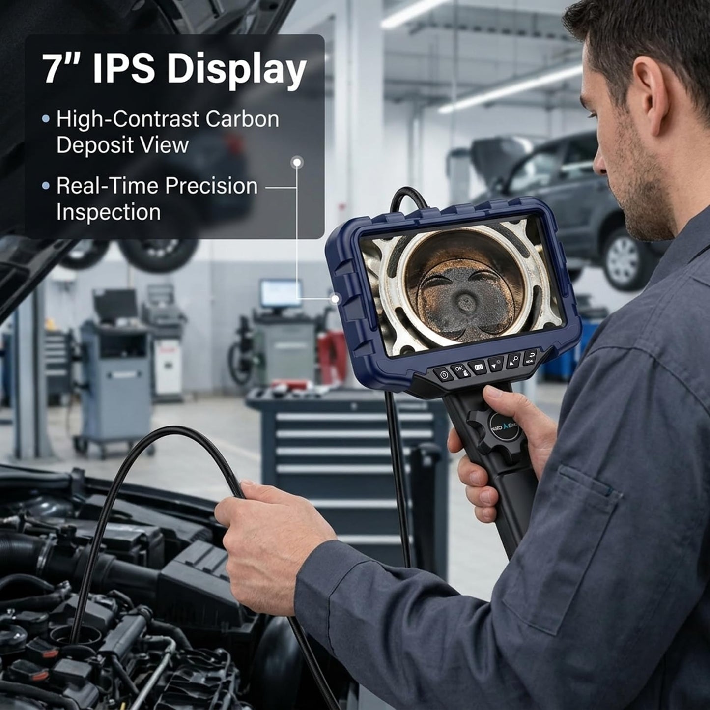 NIDAGE Two-Way Articulating Endoscope Camera with Light 7'' IPS Borescope with Articulated Snake Head and 5.3FT Cable 1080P Waterproof Industrial Inspection Camera for Auto Mechanics Wall