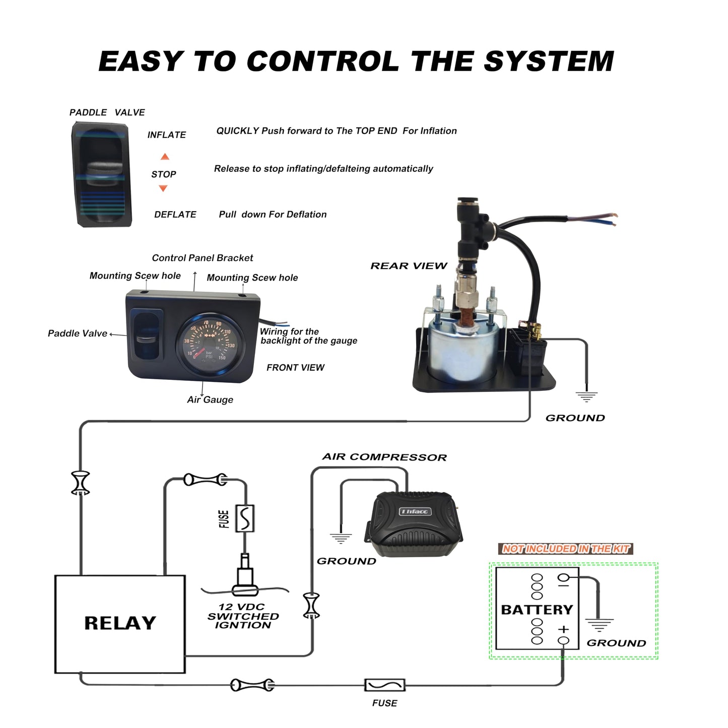 Lhfacc in Cab On Board Air Compressor System Air Pump System with Single Path Air Gauge Paddle Valve Gauge Air Line T Fittings for Trucks Vans