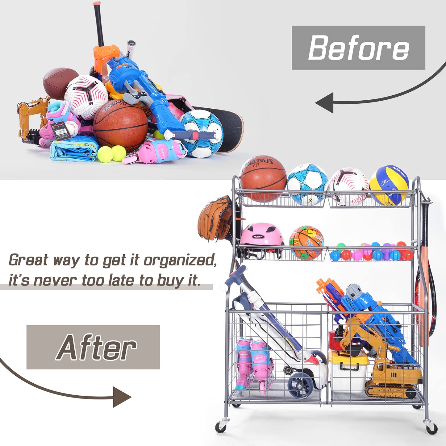WEYIMILA Ball Organizer for Garage, Steel Sport Equipment Organizer with Baseball Bat Holder and Hooks, Easy Assembly Storage for Balls, Kids' Toys, and Workout Gear in Basement, Home Gym, Outdoor