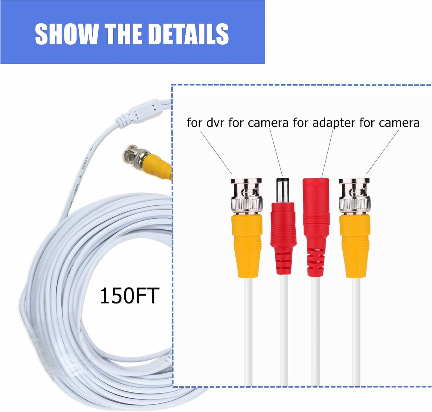 150ft White CCTV BNC Video Power Cable for DVR Surveillance Systems