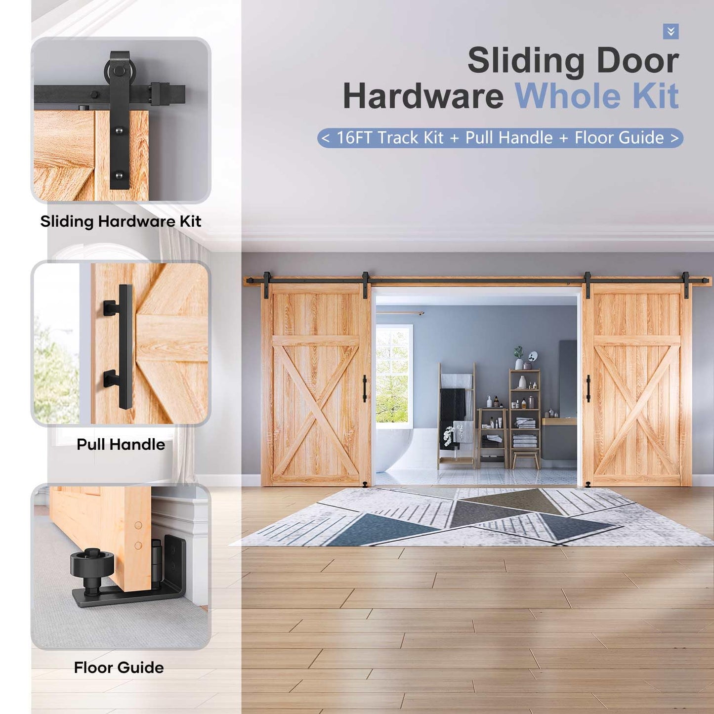 EaseLife 16 FT Double Sliding Barn Door Track and Handle Hardware Kit,Basic J Pulley,Slide Smoothly Quietly,Easy Install (16FT Track Kit for 44"~48" Wide Double Door)