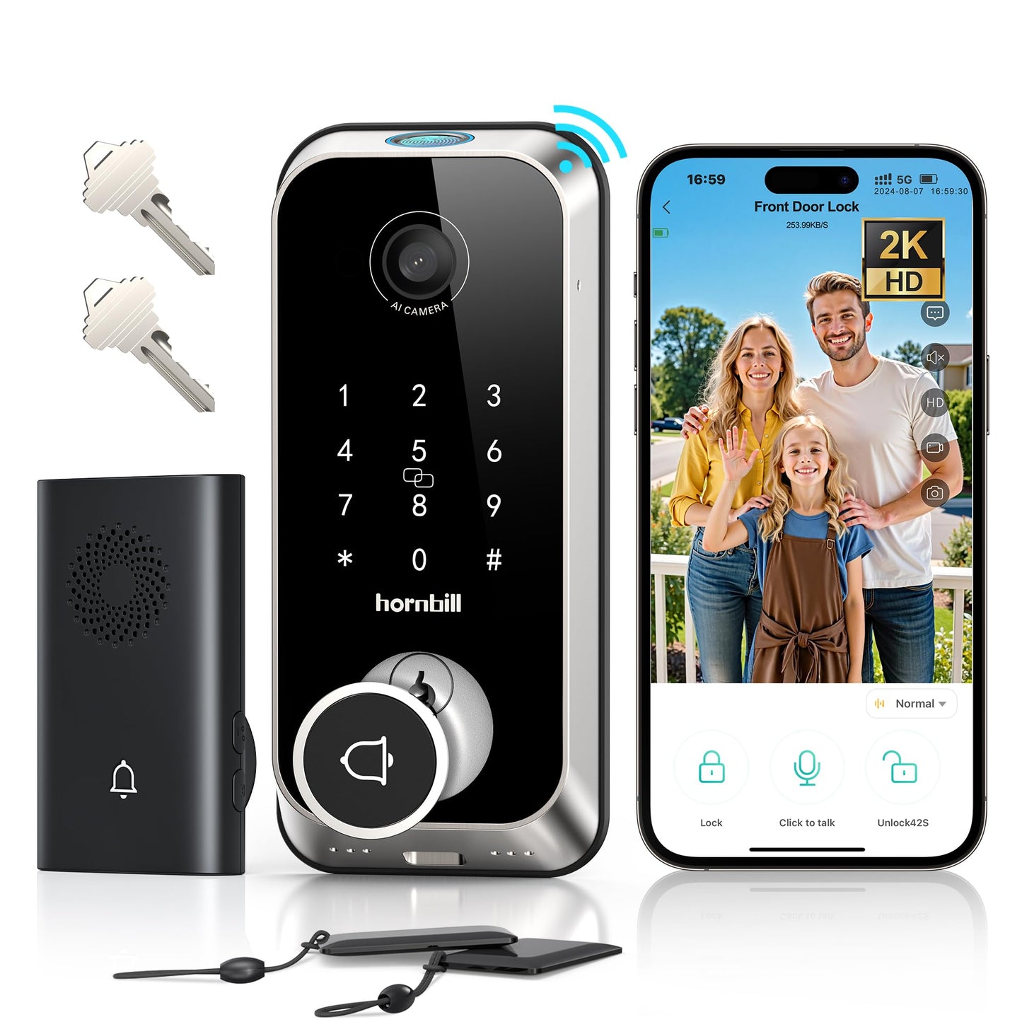 Hornbill Video Smart Lock with Camera: 10-in-1 Ring+2K Camera+Doorbell+Fingerprint Keyless Entry Door Lock, Built-in WiFi Deadbolt(only 2.4G), Two-Way Audio/App Remote Control/PIR, Satin Nickel